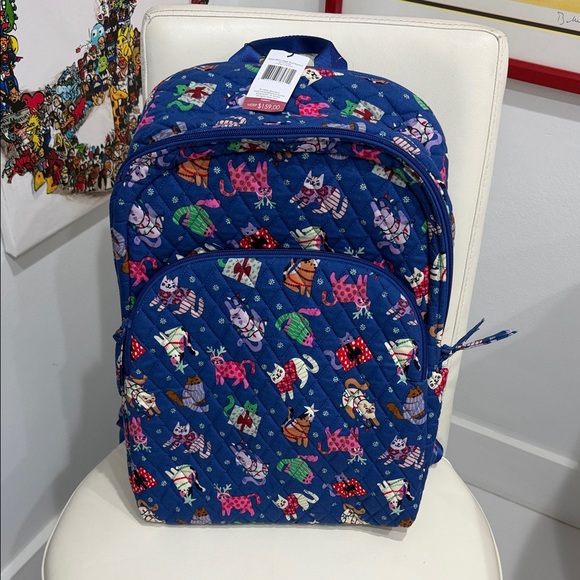 Vera Bradley Handbags - Vera Bradley Blue/Pink/Multi Colors "Catnip" Christmas Essential Large Backpack